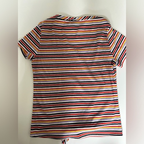 Polly & Esther Tie up Scoop Neck Striped White, Red, Yellow, Black Purple Shirt - Picture 1 of 4